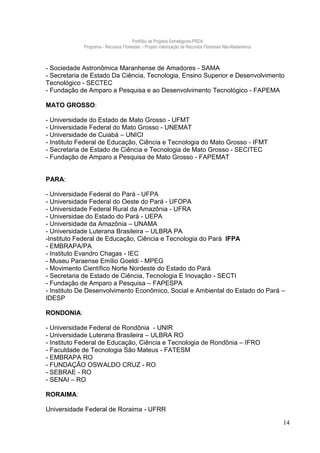 Portfólio de Projetos Estratégicos-PRDA
            Programa - Recursos Florestais - Projeto Valorização de Recursos Florestais Não-Madeireiros



- Sociedade Astronômica Maranhense de Amadores - SAMA
- Secretaria de Estado Da Ciência, Tecnologia, Ensino Superior e Desenvolvimento
Tecnológico - SECTEC
- Fundação de Amparo a Pesquisa e ao Desenvolvimento Tecnológico - FAPEMA

MATO GROSSO:

- Universidade do Estado de Mato Grosso - UFMT
- Universidade Federal do Mato Grosso - UNEMAT
- Universidade de Cuiabá – UNICI
- Instituto Federal de Educação, Ciência e Tecnologia do Mato Grosso - IFMT
- Secretaria de Estado de Ciência e Tecnologia de Mato Grosso - SECITEC
- Fundação de Amparo a Pesquisa de Mato Grosso - FAPEMAT


PARA:

- Universidade Federal do Pará - UFPA
- Universidade Federal do Oeste do Pará - UFOPA
- Universidade Federal Rural da Amazônia - UFRA
- Universidae do Estado do Pará - UEPA
- Universidade da Amazônia – UNAMA
- Universidade Luterana Brasileira – ULBRA PA
-Instituto Federal de Educação, Ciência e Tecnologia do Pará IFPA
- EMBRAPA/PA
- Instituto Evandro Chagas - IEC
- Museu Paraense Emílio Goeldi - MPEG
- Movimento Científico Norte Nordeste do Estado do Pará
- Secretaria de Estado de Ciência, Tecnologia E Inovação - SECTI
- Fundação de Amparo a Pesquisa – FAPESPA
- Instituto De Desenvolvimento Econômico, Social e Ambiental do Estado do Pará –
IDESP

RONDONIA:

- Universidade Federal de Rondônia - UNIR
- Universidade Luterana Brasileira – ULBRA RO
- Instituto Federal de Educação, Ciência e Tecnologia de Rondônia – IFRO
- Faculdade de Tecnologia São Mateus - FATESM
- EMBRAPA RO
- FUNDAÇÃO OSWALDO CRUZ - RO
- SEBRAE - RO
- SENAI – RO

RORAIMA:

Universidade Federal de Roraima - UFRR

                                                                                                          14
 