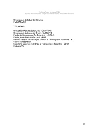 Portfólio de Projetos Estratégicos-PRDA
             Programa - Recursos Florestais - Projeto Valorização de Recursos Florestais Não-Madeireiros



Universidade Estadual de Roraima
EMBRAPA/RR

TOCANTINS

UNIVERSIDADE FEDERAL DE TOCANTINS
Universidade Luterana do Brasil – ULBRA TO
Fundação Universidade Do Tocantins - UNITINS
Fundação de Medicina Tropical - FMT
Instituto Federal De Educação, Ciência e Tecnologia do Tocantins - IFT
Sebrae-Amazontech
Secretaria Estadual de Ciência e Tecnologia do Tocantins - SECT
Embrapa/To




                                                                                                           15
 