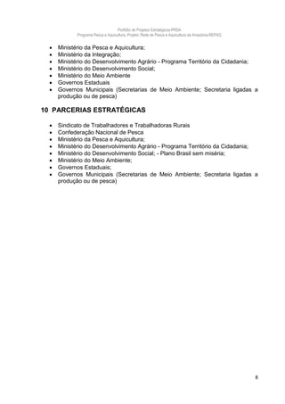 Portfólio de Projetos Estratégicos-PRDA
             Programa Pesca e Aquicultura. Projeto: Rede de Pesca e Aquicultura da Amazônia-REPAQ


     Ministério da Pesca e Aquicultura;
     Ministério da Integração;
     Ministério do Desenvolvimento Agrário - Programa Território da Cidadania;
     Ministério do Desenvolvimento Social;
     Ministério do Meio Ambiente
     Governos Estaduais
     Governos Municipais (Secretarias de Meio Ambiente; Secretaria ligadas a
      produção ou de pesca)

10 PARCERIAS ESTRATÉGICAS

     Sindicato de Trabalhadores e Trabalhadoras Rurais
     Confederação Nacional de Pesca
     Ministério da Pesca e Aquicultura;
     Ministério do Desenvolvimento Agrário - Programa Território da Cidadania;
     Ministério do Desenvolvimento Social; - Plano Brasil sem miséria;
     Ministério do Meio Ambiente;
     Governos Estaduais;
     Governos Municipais (Secretarias de Meio Ambiente; Secretaria ligadas a
      produção ou de pesca)




                                                                                                    8
 