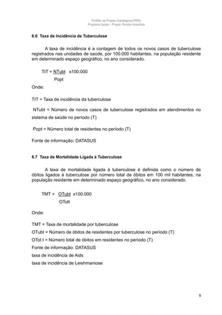 Portfólio de Projetos Estratégicos-PRDA
                             Programa Saúde -. Projeto: Rondon Amazônia


6.6 Taxa de Incidência de Tuberculose


       A taxa de incidência é a contagem de todos os novos casos de tuberculose
registrados nas unidades de saúde, por 100.000 habitantes, na população residente
em determinado espaço geográfico, no ano considerado.

    TIT = NTubt x100.000
           Popt
Onde:

TIT = Taxa de incidência da tuberculose

NTubt = Número de novos casos de tuberculose registrados em atendimentos no
sistema de saúde no período (T)

Popt = Número total de residentes no período (T)

Fonte de informação: DATASUS


6.7 Taxa de Mortalidade Ligada à Tuberculose


       A taxa de mortalidade ligada à tuberculose é definida como o número de
óbitos ligados à tuberculose por número total de óbitos em 100 mil habitantes, na
população residente em determinado espaço geográfico, no ano considerado.


    TMT = OTubt x100.000
             OTott

Onde:

TMT = Taxa de mortalidade por tuberculose
OTubt = Número de óbitos de residentes por tuberculose no período (T)
OTot t = Número total de óbitos em residentes no período (T)
Fonte de informação: DATASUS
taxa de incidência de Aids
taxa de incidência de Leishmaniose




                                                                                9
 