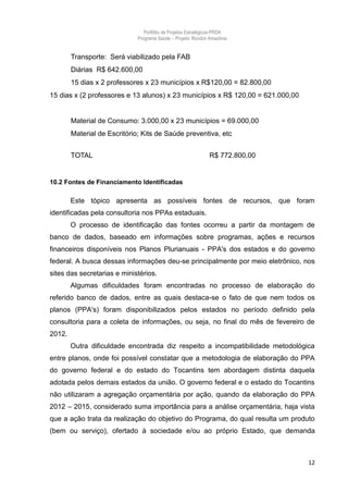Portfólio de Projetos Estratégicos-PRDA
                              Programa Saúde -. Projeto: Rondon Amazônia


        Transporte: Será viabilizado pela FAB
        Diárias R$ 642.600,00
        15 dias x 2 professores x 23 municípios x R$120,00 = 82.800,00
15 dias x (2 professores e 13 alunos) x 23 municípios x R$ 120,00 = 621.000,00


        Material de Consumo: 3.000,00 x 23 municípios = 69.000,00
        Material de Escritório; Kits de Saúde preventiva, etc


        TOTAL                                                  R$ 772.800,00


10.2 Fontes de Financiamento Identificadas

        Este tópico apresenta as possíveis fontes de recursos, que foram
identificadas pela consultoria nos PPAs estaduais.
        O processo de identificação das fontes ocorreu a partir da montagem de
banco de dados, baseado em informações sobre programas, ações e recursos
financeiros disponíveis nos Planos Plurianuais - PPA's dos estados e do governo
federal. A busca dessas informações deu-se principalmente por meio eletrônico, nos
sites das secretarias e ministérios.
        Algumas dificuldades foram encontradas no processo de elaboração do
referido banco de dados, entre as quais destaca-se o fato de que nem todos os
planos (PPA's) foram disponibilizados pelos estados no período definido pela
consultoria para a coleta de informações, ou seja, no final do mês de fevereiro de
2012.
        Outra dificuldade encontrada diz respeito a incompatibilidade metodológica
entre planos, onde foi possível constatar que a metodologia de elaboração do PPA
do governo federal e do estado do Tocantins tem abordagem distinta daquela
adotada pelos demais estados da união. O governo federal e o estado do Tocantins
não utilizaram a agregação orçamentária por ação, quando da elaboração do PPA
2012 – 2015, considerado suma importância para a análise orçamentária, haja vista
que a ação trata da realização do objetivo do Programa, do qual resulta um produto
(bem ou serviço), ofertado à sociedade e/ou ao próprio Estado, que demanda



                                                                                 12
 