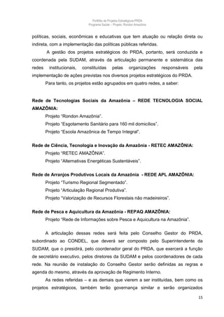 Portfólio de Projetos Estratégicos-PRDA
                              Programa Saúde -. Projeto: Rondon Amazônia


políticas, sociais, econômicas e educativas que tem atuação ou relação direta ou
indireta, com a implementação das políticas públicas referidas.
        A gestão dos projetos estratégicos do PRDA, portanto, será conduzida e
coordenada pela SUDAM, através da articulação permanente e sistemática das
redes    institucionais,   constituídas        pelas       organizações    responsáveis   pela
implementação de ações previstas nos diversos projetos estratégicos do PRDA.
        Para tanto, os projetos estão agrupados em quatro redes, a saber:


Rede de Tecnologias Sociais da Amazônia – REDE TECNOLOGIA SOCIAL
AMAZÔNIA:
        Projeto “Rondon Amazônia”.
        Projeto “Esgotamento Sanitário para 160 mil domicílios”.
        Projeto “Escola Amazônica de Tempo Integral”.


Rede de Ciência, Tecnologia e Inovação da Amazônia - RETEC AMAZÔNIA:
        Projeto “RETEC AMAZÔNIA”.
        Projeto “Alternativas Energéticas Sustentáveis”.


Rede de Arranjos Produtivos Locais da Amazônia - REDE APL AMAZÔNIA:
        Projeto “Turismo Regional Segmentado”.
        Projeto “Articulação Regional Produtiva”.
        Projeto “Valorização de Recursos Florestais não madeireiros”.


Rede de Pesca e Aquicultura da Amazônia - REPAQ AMAZÔNIA:
        Projeto “Rede de Informações sobre Pesca e Aquicultura na Amazônia”.


        A articulação dessas redes será feita pelo Conselho Gestor do PRDA,
subordinado ao CONDEL, que deverá ser composto pelo Superintendente da
SUDAM, que o presidirá, pelo coordenador geral do PRDA, que exercerá a função
de secretário executivo, pelos diretores da SUDAM e pelos coordenadores de cada
rede. Na reunião de instalação do Conselho Gestor serão definidas as regras e
agenda do mesmo, através da aprovação de Regimento Interno.
        As redes referidas – e as demais que vierem a ser instituídas, bem como os
projetos estratégicos, também terão governança similar e serão organizados

                                                                                            15
 
