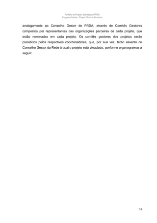 Portfólio de Projetos Estratégicos-PRDA
                          Programa Saúde -. Projeto: Rondon Amazônia


analogamente ao Conselho Gestor do PRDA, através de Comitês Gestores
compostos por representantes das organizações parceiras de cada projeto, que
estão nominadas em cada projeto. Os comitês gestores dos projetos serão
presididos pelos respectivos coordenadores, que, por sua vez, terão assento no
Conselho Gestor da Rede à qual o projeto está vinculado, conforme organogramas a
seguir:




                                                                              16
 