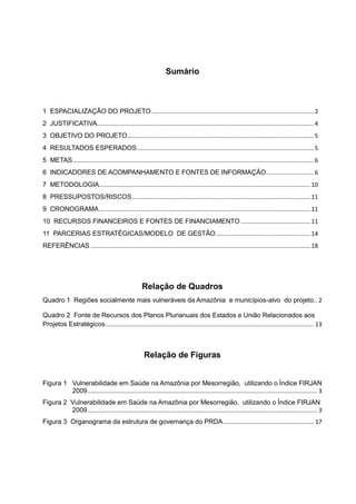 Sumário



1 ESPACIALIZAÇÃO DO PROJETO .................................................................................................. 2
2 JUSTIFICATIVA ................................................................................................................................... 4
3 OBJETIVO DO PROJETO................................................................................................................. 5
4 RESULTADOS ESPERADOS ........................................................................................................... 5
5 METAS .................................................................................................................................................. 6
6 INDICADORES DE ACOMPANHAMENTO E FONTES DE INFORMAÇÃO............................. 6
7 METODOLOGIA................................................................................................................................ 10
8 PRESSUPOSTOS/RISCOS ............................................................................................................ 11
9 CRONOGRAMA ................................................................................................................................ 11
10 RECURSOS FINANCEIROS E FONTES DE FINANCIAMENTO .......................................... 11
11 PARCERIAS ESTRATÉGICAS/MODELO DE GESTÃO ......................................................... 14
REFERÊNCIAS ..................................................................................................................................... 18




                                                        Relação de Quadros
Quadro 1 Regiões socialmente mais vulneráveis da Amazônia e municípios-alvo do projeto.. 2

Quadro 2 Fonte de Recursos dos Planos Plurianuais dos Estados e União Relacionados aos
Projetos Estratégicos .............................................................................................................................. 13



                                                         Relação de Figuras


Figura 1 Vulnerabilidade em Saúde na Amazônia por Mesorregião, utilizando o Índice FIRJAN
         2009 ........................................................................................................................................... 3
Figura 2 Vulnerabilidade em Saúde na Amazônia por Mesorregião, utilizando o Índice FIRJAN
         2009 ........................................................................................................................................... 3
Figura 3 Organograma da estrutura de governança do PRDA ....................................................... 17
 