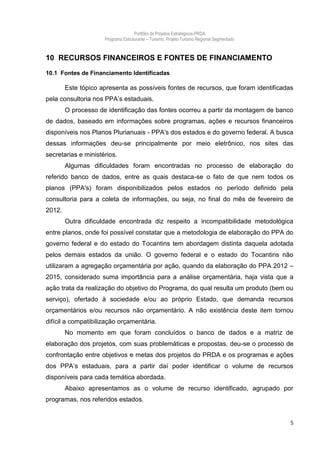 Portfólio de Projetos Estratégicos-PRDA
                     Programa Estruturante – Turismo. Projeto Turismo Regional Segmentado



10 RECURSOS FINANCEIROS E FONTES DE FINANCIAMENTO
10.1 Fontes de Financiamento Identificadas

        Este tópico apresenta as possíveis fontes de recursos, que foram identificadas
pela consultoria nos PPA’s estaduais.
        O processo de identificação das fontes ocorreu a partir da montagem de banco
de dados, baseado em informações sobre programas, ações e recursos financeiros
disponíveis nos Planos Plurianuais - PPA's dos estados e do governo federal. A busca
dessas informações deu-se principalmente por meio eletrônico, nos sites das
secretarias e ministérios.
        Algumas dificuldades foram encontradas no processo de elaboração do
referido banco de dados, entre as quais destaca-se o fato de que nem todos os
planos (PPA's) foram disponibilizados pelos estados no período definido pela
consultoria para a coleta de informações, ou seja, no final do mês de fevereiro de
2012.
        Outra dificuldade encontrada diz respeito a incompatibilidade metodológica
entre planos, onde foi possível constatar que a metodologia de elaboração do PPA do
governo federal e do estado do Tocantins tem abordagem distinta daquela adotada
pelos demais estados da união. O governo federal e o estado do Tocantins não
utilizaram a agregação orçamentária por ação, quando da elaboração do PPA 2012 –
2015, considerado suma importância para a análise orçamentária, haja vista que a
ação trata da realização do objetivo do Programa, do qual resulta um produto (bem ou
serviço), ofertado à sociedade e/ou ao próprio Estado, que demanda recursos
orçamentários e/ou recursos não orçamentário. A não existência deste item tornou
difícil a compatibilização orçamentária.
        No momento em que foram concluídos o banco de dados e a matriz de
elaboração dos projetos, com suas problemáticas e propostas, deu-se o processo de
confrontação entre objetivos e metas dos projetos do PRDA e os programas e ações
dos PPA’s estaduais, para a partir daí poder identificar o volume de recursos
disponíveis para cada temática abordada.
        Abaixo apresentamos as o volume de recurso identificado, agrupado por
programas, nos referidos estados.


                                                                                            5
 
