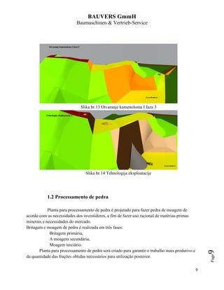 BAUVERS GmmH
Baumaschinen & Vertrieb-Service
9
Page9
Slika br.13 Otvaranje kamenoloma I faza 3
Slika br.14 Tehnologija eksploatacije
1.2 Processamento de pedra
Planta para processamento de pedra é projetado para fazer pedra de moagem de
acordo com as necessidades dos investidores, a fim de fazer uso racional de matérias-primas
minerais e necessidades do mercado.
Britagem e moagem de pedra é realizada em três fases:
Britagem primária,
A moagem secundária,
Moagem terciário.
Planta para processamento de pedra será criado para garantir o trabalho mais produtivo e
da quantidade das frações obtidas necessários para utilização posterior.
 