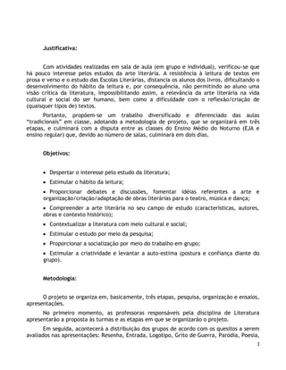 Justificativa:


       Com atividades realizadas em sala de aula (em grupo e individual), verificou-se que
há pouco interesse pelos estudos da arte literária. A resistência à leitura de textos em
prosa e verso e o estudo das Escolas Literárias, distancia os alunos dos livros, dificultando o
desenvolvimento do hábito da leitura e, por consequência, não permitindo ao aluno uma
visão crítica da literatura, impossibilitando assim, a relevância da arte literária na vida
cultural e social do ser humano, bem como a dificuldade com o reflexão/criação de
(quaisquer tipos de) textos.
       Portanto, propõem-se um trabalho diversificado e diferenciado das aulas
“tradicionais” em classe, adotando a metodologia de projeto, que se organizará em três
etapas, e culminará com a disputa entre as classes do Ensino Médio do Noturno (EJA e
ensino regular) que, devido ao número de salas, culminará em dois dias.


      Objetivos:


         Despertar o interesse pelo estudo da literatura;
         Estimular o hábito da leitura;
        Proporcionar debates e discussões, fomentar idéias referentes a arte e
      organização/criação/adaptação de obras literárias para o teatro, música e dança;
        Compreender a arte literária no seu campo de estudo (características, autores,
      obras e contexto histórico);
         Contextualizar a literatura com meio cultural e social;
         Estimular o estudo por meio da pesquisa;
         Proporcionar a socialização por meio do trabalho em grupo;
        Estimular a criatividade e levantar a auto-estima (postura e confiança diante do
      grupo).


      Metodologia:


      O projeto se organiza em, basicamente, três etapas, pesquisa, organização e ensaios,
apresentações.
      No primeiro momento, as professoras responsáveis pela disciplina de Literatura
apresentarão a proposta às turmas e as etapas em que se organizarão o projeto.
       Em seguida, acontecerá a distribuição dos grupos de acordo com os quesitos a serem
avaliados nas apresentações: Resenha, Entrada, Logotipo, Grito de Guerra, Paródia, Poesia,
                                                                                              3
 