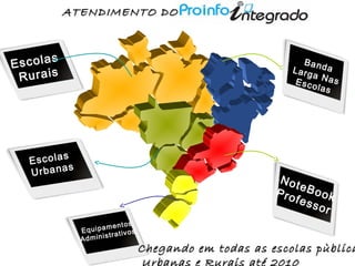 Escolas
Rurais
Escolas
Urbanas
BandaLarga NasEscolas
NoteBookProfessor
Equipamentos
Administrativos
Chegando em todas as escolas pùblicaChegando em todas as escolas pùblica
Urbanas e Rurais até 2010
ATENDIMENTO DOATENDIMENTO DO
 