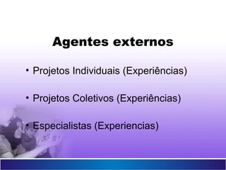 Agentes externos
• Projetos Individuais (Experiências)
• Projetos Coletivos (Experiências)
• Especialistas (Experiencias)
 