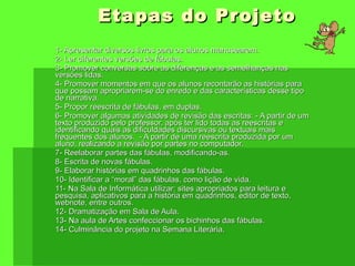 Etapas do Projeto 1- Apresentar diversos livros para os alunos manusearem. 2- Ler diferentes versões de fábulas. 3- Promover conversas sobre as diferenças e as semelhanças nas versões lidas. 4- Promover momentos em que os alunos recontarão as histórias para que possam apropriarem-se do enredo e das características desse tipo de narrativa. 5- Propor reescrita de fábulas, em duplas. 6- Promover algumas atividades de revisão das escritas: - A partir de um texto produzido pelo professor, após ter lido todas as reescritas e identificando quais as dificuldades discursivas ou textuais mais frequentes dos alunos.  - A partir de uma reescrita produzida por um aluno, realizando a revisão por partes no computador. 7- Reelaborar partes das fábulas, modificando-as. 8- Escrita de novas fábulas. 9- Elaborar histórias em quadrinhos das fábulas. 10- Identificar a “moral” das fábulas, como lição de vida. 11- Na Sala de Informática utilizar: sites apropriados para leitura e pesquisa, aplicativos para a história em quadrinhos, editor de texto, webnote, entre outros.  12- Dramatização em Sala de Aula. 13- Na aula de Artes confeccionar os bichinhos das fábulas. 14- Culminância do projeto na Semana Literária. 