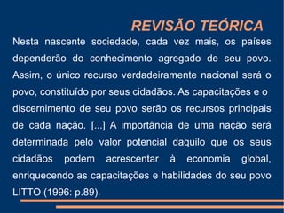 INTRODUÇÃO A informática como o próprio nome diz,  é  informação tratada de forma automática,  e sendo essa informação muitas vezes tratada pelos computadores. Falar de utilização da informática hoje em dia é falar de utilização de computadores, computadores esses que estão muitas vezes ligadas a uma rede mundial denominada internet. Nesta sociedade cada vez mais informatizada, onde as empresas dependem cada vez mais dos computadores para realizarem tarefas, faz com que o mercado de trabalho necessite cada vez mais e mais de pessoas que tem conhecimento na utilização dessas ferramentas, e com pessoas com conhecimentos. A educação necessita de pessoas com capacidades de lidar com as novas tecnologias, principalmente saber manejar os computadores. 