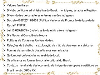  Valores familiares. 
 Divisão política e administrativa do Brasil: municípios, estados e Regiões. 
 Diversidades de caracteres entre as nações indígenas 
 Decreto 488620112003 (Política Nacional de Promoção de Igualdade 
Racial  PNPIR). 
 Lei 10.6392003 – ( valorização da etnia afro e indígena). 
 Dia Nacional Consciência Negra 
 Políticas de Cotas nas Universidades. 
 Relações de trabalho na exploração da mão de obra escrava africana. 
 Formas de resistência dos africanos escravizados. 
 Quilombos/ quilombolas na realidade local. 
 Os africanos na formação social e cultural do Brasil. 
 Contexto mundial de deslocamento de imigrantes europeus e asiáticos ao 
Brasil no séc. XIX e XX. 
 
