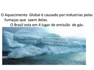 As causas  e carbono  as   queimadas   de combustíveis o co2 deixa  o ar mais   poluente  Porque  tem umas mistura químicas  e fósseisO Brasil  esta  em  4 lugar  na escala de maisPoluente  por causa da  queima   de combustíveis  fósseis.O Brasil  perdeu cerca   de 4000  metro  quadrado