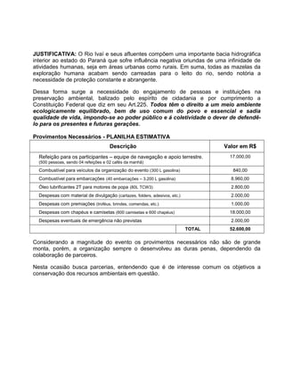 JUSTIFICATIVA: O Rio Ivaí e seus afluentes compõem uma importante bacia hidrográfica
interior ao estado do Paraná que sofre influência negativa oriundas de uma infinidade de
atividades humanas, seja em áreas urbanas como rurais. Em suma, todas as mazelas da
exploração humana acabam sendo carreadas para o leito do rio, sendo notória a
necessidade de proteção constante e abrangente.
Dessa forma surge a necessidade do engajamento de pessoas e instituições na
preservação ambiental, balizado pelo espírito de cidadania e por cumprimento a
Constituição Federal que diz em seu Art.225. Todos têm o direito a um meio ambiente
ecologicamente equilibrado, bem de uso comum do povo e essencial e sadia
qualidade de vida, impondo-se ao poder público e á coletividade o dever de defendêlo para os presentes e futuras gerações.
Provimentos Necessários - PLANILHA ESTIMATIVA
Descrição

Valor em R$

Refeição para os participantes – equipe de navegação e apoio terrestre.

17.000,00

(500 pessoas, sendo 04 refeições e 02 cafés da manhã)

Combustível para veículos da organização do evento (300 L gasolina)

840,00

Combustível para embarcações (40 embarcações – 3.200 L gasolina)

8.960,00

Óleo lubrificantes 2T para motores de popa (80L TCW3)

2.800,00

Despesas com material de divulgação (cartazes, folders, adesivos, etc.)

2.000,00

Despesas com premiações (troféus, brindes, comendas, etc.)

1.000,00

Despesas com chapéus e camisetas (600 camisetas e 600 chapéus)

18.000,00

Despesas eventuais de emergência não previstas

2.000,00
TOTAL

52.600,00

Considerando a magnitude do evento os provimentos necessários não são de grande
monta, porém, a organização sempre o desenvolveu as duras penas, dependendo da
colaboração de parceiros.
Nesta ocasião busca parcerias, entendendo que é de interesse comum os objetivos a
conservação dos recursos ambientais em questão.

 
