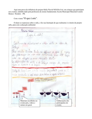 Aqui uma prova da influência do projeto Rally Fluvial SOS Rio Ivaí, em crianças que participam
nos eventos, trabalho dado pela professora do ensino fundamental, Escola Municipal Marechal Castelo
Branco / Rondon – PR.
Com o tema “O

que é arte”.

O aluno se expressou sobre o rally, e fez sua ilustração do que realmente é o intuito do projeto
rally, para com a educação ambiental.

Materiais recolhidos no
evento pets, vidros e
metais em geral.

Embarcações dos
participantes do
evento.

 