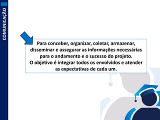 COMUNICAÇÃO

Para conceber, organizar, coletar, armazenar,
disseminar e assegurar as informações necessárias
para o andamento e o sucesso do projeto.
O objetivo é integrar todos os envolvidos e atender
as expectativas de cada um.

 