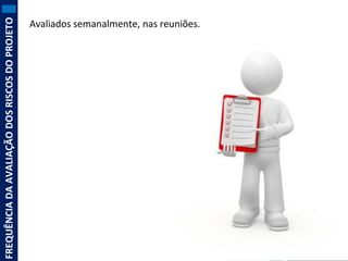 FREQUÊNCIA DA AVALIAÇÃO DOS RISCOS DO PROJETO
Avaliados semanalmente, nas reuniões.

 