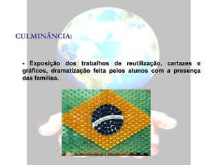  Procurar em jornais, notícias em que apareçam problemas ambientais que o poema mostra e colar no mural ecológico.- Leitura do texto: “Consumir com sabedoria privilegia a qualidade de vida”. Após a leitura, levaremos o aluno a refletir sobre o desperdício de comida, água, etc; deverá elaborar dicas para evitar o desperdício em sua casa e na escola.