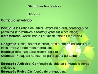 Disciplina Norteadora:

                  Ciências
Currículo envolvido:

Português: Prática de leitura, expressão oral, confecção de
panfletos informativos e teatro(expressar a oralidade).
Matemática: Construção e Leitura de tabelas e gráficos.

Geografia: Pesquisa em internet, país e estado do Brasil que
mais produz e que mais recicla lixo.
História: Informação da história do lixo.
Ciências: Pesquisa na internet para coleta de dados.

Educação Artística: Confecção de objetos e murais e obras
artísticas.
Educação Física:Confecção de brinquedos.
 