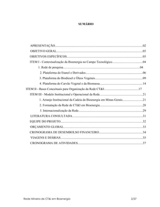 SUMÁRIO




    APRESENTAÇÃO................................................................................................................02
    OBJETIVO GERAL..............................................................................................................03
    OBJETIVOS ESPECÍFICOS.................................................................................................03
    ITEM I - Contextualização da Bioenergia no Campo Tecnológico.......................................04
             1. Rede de pesquisa..................................................................................................04
               2. Plataforma do Etanol e Derivados.........................................................................06
              3. Plataforma do Biodiesel e Óleos Vegetais.............................................................09
              4. Plataforma do Carvão Vegetal e da Biomassa.......................................................14
 ITEM II - Bases Conceituais para Organização da Rede CT&I............................................17
    ITEM III - Modelo Institucional e Operacional da Rede.......................................................21
              1. Arranjo Institucional da Cadeia da Bioenergia em Minas Gerais..........................21
              2. Formatação da Rede de CT&I em Bioenergia.......................................................28
               3. Internacionalização da Rede..................................................................................29
     LITERATURA CONSULTADA..........................................................................................31
    EQUIPE DO PROJETO.........................................................................................................32
    ORÇAMENTO GLOBAL.....................................................................................................33
    CRONOGRAMA DE DESEMBOLSO FINANCEIRO........................................................34
     VIAGENS E DIÁRIAS.........................................................................................................35
    CRONOGRAMA DE ATIVIDADES...................................................................................37




Rede Mineira de CT&I em Bioenergia                                                                                    2/37
 