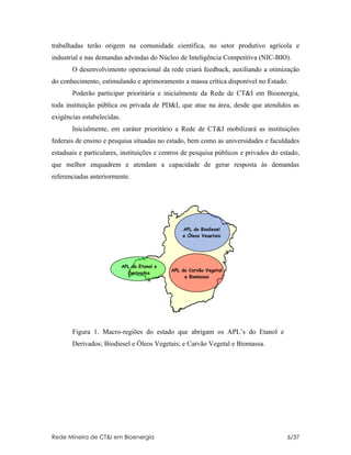 trabalhadas terão origem na comunidade científica, no setor produtivo agrícola e
industrial e nas demandas advindas do Núcleo de Inteligência Competitiva (NIC-BIO).
       O desenvolvimento operacional da rede criará feedback, auxiliando a otimização
do conhecimento, estimulando e aprimoramento a massa crítica disponível no Estado.
       Poderão participar prioritária e inicialmente da Rede de CT&I em Bioenergia,
toda instituição pública ou privada de PD&I, que atue na área, desde que atendidos as
exigências estabelecidas.
       Inicialmente, em caráter prioritário a Rede de CT&I mobilizará as instituições
federais de ensino e pesquisa situadas no estado, bem como as universidades e faculdades
estaduais e particulares, instituições e centros de pesquisa públicos e privados do estado,
que melhor enquadrem e atendam a capacidade de gerar resposta às demandas
referenciadas anteriormente.




                                                  APL do Biodiesel
                                                  e Óleos Vegetais




                            APL do Etanol e
                                              APL do Carvão Vegetal
                              Derivados
                                                   e Biomassa




       Figura 1. Macro-regiões do estado que abrigam os APL’s do Etanol e
       Derivados; Biodiesel e Óleos Vegetais; e Carvão Vegetal e Biomassa.




Rede Mineira de CT&I em Bioenergia                                                    6/37
 