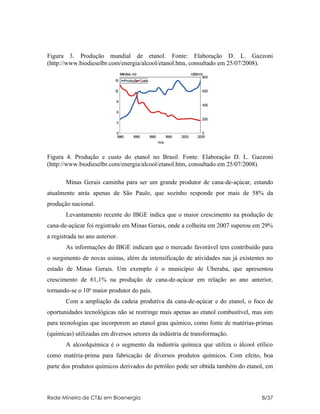Figura 3. Produção mundial de etanol. Fonte: Elaboração D. L. Gazzoni
(http://www.biodieselbr.com/energia/alcool/etanol.htm, consultado em 25/07/2008).




Figura 4. Produção e custo do etanol no Brasil. Fonte: Elaboração D. L. Gazzoni
(http://www.biodieselbr.com/energia/alcool/etanol.htm, consultado em 25/07/2008).

       Minas Gerais caminha para ser um grande produtor de cana-de-açúcar, estando
atualmente atrás apenas de São Paulo, que sozinho responde por mais de 58% da
produção nacional.
       Levantamento recente do IBGE indica que o maior crescimento na produção de
cana-de-açúcar foi registrado em Minas Gerais, onde a colheita em 2007 superou em 29%
a registrada no ano anterior.
       As informações do IBGE indicam que o mercado favorável tem contribuído para
o surgimento de novas usinas, além da intensificação de atividades nas já existentes no
estado de Minas Gerais. Um exemplo é o município de Uberaba, que apresentou
crescimento de 61,1% na produção de cana-de-açúcar em relação ao ano anterior,
tornando-se o 10o maior produtor do país.
       Com a ampliação da cadeia produtiva da cana-de-açúcar e do etanol, o foco de
oportunidades tecnológicas não se restringe mais apenas ao etanol combustível, mas sim
para tecnologias que incorporem ao etanol grau químico, como fonte de matérias-primas
(químicas) utilizadas em diversos setores da indústria de transformação.
       A alcoolquímica é o segmento da indústria química que utiliza o álcool etílico
como matéria-prima para fabricação de diversos produtos químicos. Com efeito, boa
parte dos produtos químicos derivados do petróleo pode ser obtida também do etanol, em



Rede Mineira de CT&I em Bioenergia                                                8/37
 