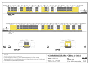 FACHADA OESTE
FACHADA LESTE
OBSERVAÇÕES:
06/07
PRANCHA
maio/2019
ESC.1/125
RODOVIA PE 15, Km , s/n, PAULISTA/PE
EM FRENTE AO NORTH WAY SHOPPING
Fachada Oeste
Escala: 1 /125
FACHADAS (projeto de reforma)
Fachada Leste
Escala: 1 /125
Fachada Norte
Escala: 1 /125
Fachada Sul
Escala: 1 /125
1 - LEVANTAMENTO ARQUITETÔNICO, REALIZADO NO DIA 02 DE MAIO DE 2019.
2 - OBRA PARALIZADA DO PRÉDIO DA ESTAÇÃO BRT, COM OS PRINCIPAIS ITENS ANALISADOS: ESTRUTURA INCOMPETA DA COBERTA, AUSÊNCIA DE
INSTALAÇÕES ELÉTRICA, ARCONDICIONADO, HIDROSANITÁRIAS, NEMHUM ACABAMENTO INICIADO DE REVESTIMENTOS DE PISO, PAREDE E TETO ETC.
3 - OBRA PARALIZADA DA INFRA-ESTRUTURA, COM OS PRINCIPAIS ITENS ANALISADOS: PLATAFORMAS DE EMBARQUE E DESEMBARQUE, VIAS DE FLUXOS DOS
"ÔNIBUS ESPECIAIS BRT", INSTALAÇÃO DE ROTA ACESSÍVEIS/ACESSIBILIDADE DA ESTAÇÃO E ENTORNO, INTERLIGANDO AO SHOPPING NORTH WAY E CENTRO COMERCIAL.
4 - SERÃO ELABORADOS PROJETOS COMPLEMENTARES, EM ETAPAS POSTERIORES.
LEV./ DES.: Cristiano Silva - Arquiteto e Urbanista
ÁREAS
CONSTRUÍDA: 129,15m²
COBERTA/PROJEÇÃO: 372,75m²
zap 99573-3631
 