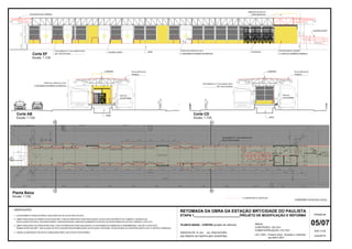 3,10
2,73
36,79 3,50 1,37
41,66
1,74 1,74 1,74 1,74 1,74 1,74 0,50 1,241,74 1,74 1,74 1,74 1,74 1,74 1,74 1,74 1,74 1,74 1,74 1,74 1,74 1,74 1,33 1,87
1,401,40
2,73
1,22
1,22
3,10
5,053,483,483,483,483,483,483,483,482,44
2,952,95
1,741,741,741,741,74
ESTAÇÃO
Projeção coberta
SALASALA
CIRC.
CIRC.
. . . . . . . . . .
. .. .. .. .. .
2,402,40
2,27
7,56
2,27
3,30
plataforma
plataforma plataforma plataforma plataforma plataforma
plataformaplataformaplataformaplataforma
porta
portaporta porta
porta
porta
porta
porta
porta porta
CATRACAS
1 2 3 4
parede/rodapé
parede/rodapé
guarda-corpo
guarda-corpo
proj.viga
proj.
espigão
proj.
espigão
proj.viga
porta
porta
acesso
3,23 2,71
45,29
1,74
0,60
1,84
0,770,980,88
4,44
1,11 0,64 0,94 0,64 1,12
0,770,980,84
RAMPA
i = 8,33%
5,33FECHAMENTO C/ TELA MOEDA INOX
DE 10,7mm OU 20mm
5,33
2,27
ARMAÇÃO DE MALHA
A SER REMOVIDA
BASE
2,75
1,702,60
0,902,67
PISO
GUARDA-CORPO
0,90
2,40
0,30
0,500,830,790,56
1,10
2,40
0,30
TELHA METÁLICA TÉRMICA
REVESTIMENTO PADRÃO
C/ PASTILHA CERÂMICA AMARELA
CATRACAS
PORTA DE VIDRO DE 10mm
C/ MOVIMENTO/CORRER AUTOMÁTICO
GUARDA-CORPO
FECHAMENTO C/ TELA MOEDA INOX
DE 17mm OU 20mm
RAMPA
4,47
PISO DA
PLATAFORMA
BASE
TELHA METÁLICA
TÉRMICA
2,40
0,30
2,40
0,30
0,15
1,09
4,47
CUMEEIRA
0,902,67
0,47
PORTA DE VIDRO DE 10mm
C/ MOVIMENTO/CORRER AUTOMÁTICO
0,902,67
BASE
0,50
0,47
4,47
TELHA METÁLICA
TÉRMICA
2,34
0,30
CUMEEIRA
0,15
1,09
2,40
0,30
PISO DA
PLATAFORMA
FECHAMENTO C/ TELA MOEDA INOX
DE 17mm OU 20mm
2,170,15
OBSERVAÇÕES:
05/07
PRANCHA
maio/2019
ESC.1/125
RODOVIA PE 15, Km , s/n, PAULISTA/PE
EM FRENTE AO NORTH WAY SHOPPING
Planta Baixa
Escala: 1 /125
Corte AB
Escala: 1 /125
Corte EF
Escala: 1 /125
PLANTA BAIXA - CORTES (projeto de reforma)
Corte CD
Escala: 1 /125
E
F
BC
D A
CONFERIR COTAS NO LOCAL
1 - LEVANTAMENTO ARQUITETÔNICO, REALIZADO NO DIA 02 DE MAIO DE 2019.
2 - OBRA PARALIZADA DO PRÉDIO DA ESTAÇÃO BRT, COM OS PRINCIPAIS ITENS ANALISADOS: ESTRUTURA INCOMPETA DA COBERTA, AUSÊNCIA DE
INSTALAÇÕES ELÉTRICA, ARCONDICIONADO, HIDROSANITÁRIAS, NEMHUM ACABAMENTO INICIADO DE REVESTIMENTOS DE PISO, PAREDE E TETO ETC.
3 - OBRA PARALIZADA DA INFRA-ESTRUTURA, COM OS PRINCIPAIS ITENS ANALISADOS: PLATAFORMAS DE EMBARQUE E DESEMBARQUE, VIAS DE FLUXOS DOS
"ÔNIBUS ESPECIAIS BRT", INSTALAÇÃO DE ROTA ACESSÍVEIS/ACESSIBILIDADE DA ESTAÇÃO E ENTORNO, INTERLIGANDO AO SHOPPING NORTH WAY E CENTRO COMERCIAL.
4 - SERÃO ELABORADOS PROJETOS COMPLEMENTARES, EM ETAPAS POSTERIORES.
A CONSTRUIR OU INSTALAR
LEV./ DES.: Cristiano Silva - Arquiteto e Urbanista
ÁREAS
CONSTRUÍDA: 129,15m²
COBERTA/PROJEÇÃO: 372,75m²
zap 99573-3631
 
