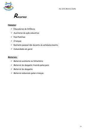 Ana Sofia Moreira Coelho




     Recursos
Humanos:

   Educadores de Infância;

   Auxiliares da ação educativa;

   Pais/famílias;

   Crianças;

   Restante pessoal não docente do estabelecimento;

   Comunidade em geral.



Materiais:

   Material existente no Infantário;

   Material de desgaste trazido pelos pais;

   Material de desgaste;

   Material elaborado pelas crianças.




                                                                                  19
 