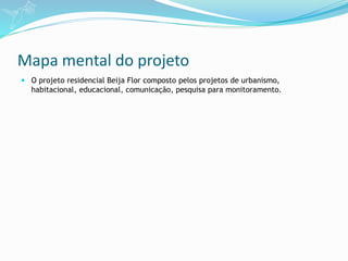 Mapa mental do projeto
 O projeto residencial Beija Flor composto pelos projetos de urbanismo,
habitacional, educacional, comunicação, pesquisa para monitoramento.
 