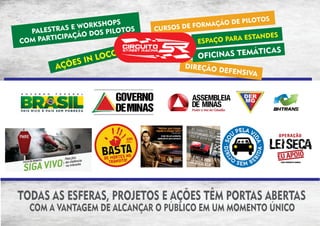 SHOPS                         ÃO DE   PILOTOS
             S E WORK                SOS DE FORMAÇ
   PALESTRA        DOS PILOT
                             OS   CUR
             PAÇÃO                                         ANDES
CO M PARTICI                                ESPAÇO PARA EST
                                                           IC A S
                      CO                    OFICINA S TEMÁT
             S   IN LO
         AÇÕE                            DIREÇÃO
                                                   DEFENSIVA




TODAS AS ESFERAS, PROJETOS E AÇÕES TÊM PORTAS ABERTAS
  COM A VANTAGEM DE ALCANÇAR O PÚBLICO EM UM MOMENTO ÚNICO
 