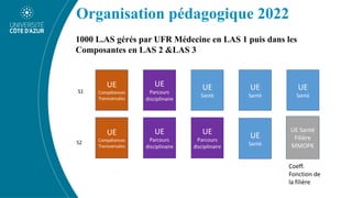 PASS
L.AS
Organisation pédagogique 2022
1000 L.AS gérés par UFR Médecine en LAS 1 puis dans les
Composantes en LAS 2 &LAS 3
UE Santé
Filière
MMOPK
Coeff.
Fonction de
la filière
 