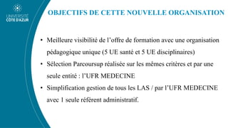 OBJECTIFS DE CETTE NOUVELLE ORGANISATION
• Meilleure visibilité de l’offre de formation avec une organisation
pédagogique unique (5 UE santé et 5 UE disciplinaires)
• Sélection Parcoursup réalisée sur les mêmes critères et par une
seule entité : l’UFR MEDECINE
• Simplification gestion de tous les LAS / par l’UFR MEDECINE
avec 1 seule référent administratif.
 