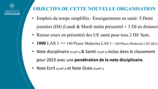 OBJECTIFS DE CETTE NOUVELLE ORGANISATION
• Emplois du temps simplifiés : Enseignements en santé: 5 Demi
journées (DJ) (Lundi & Mardi matin présentiel + 3 DJ en distancie
• Retour cours en présentiel des UE santé pour tous 2 DJ/ Sem.
• 1000 LAS 1 => 140 Places Médecine LAS 1 + (60 Places Médecine LAS 2&3)
• Note disciplinaire (Coeff 1) & Santé (Coeff 2) inclus dans le classement
pour 2023 avec une pondération de la note disciplinaire.
• Note Ecrit (Coeff 2) et Note Orale (Coeff 1)
 