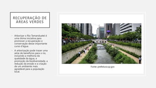 RECUPERAÇÃO DE
ÁREAS VERDES
• Arborizar o Rio Tamanduateí é
uma ótima iniciativa para
promover a recuperação e
conservação desse importante
curso d'água.
• A arborização pode trazer uma
série de benefícios para o rio,
incluindo a melhoria da
qualidade da água, a
promoção da biodiversidade, a
redução da erosão e a criação
de um ambiente mais
agradável para a população
local.
Fonte: prefeitura.sp.gov
 