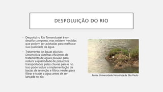 DESPOLUIÇÃO DO RIO
• Despoluir o Rio Tamanduateí é um
desafio complexo, mas existem medidas
que podem ser adotadas para melhorar
sua qualidade da água.
• Tratamento de águas pluviais:
Desenvolva sistemas eficientes de
tratamento de águas pluviais para
reduzir a quantidade de poluentes
transportados pelas chuvas para o rio.
Isso pode incluir a implementação de
bacias de retenção e filtros verdes para
filtrar e tratar a água antes de ser
lançada no rio.
Fonte: Universidade Metodista de São Paulo
 