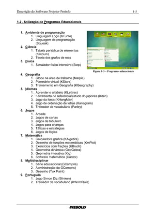 Descrição do Software Projetor Proinfo                                                 1-5


1.2 - Utilização de Programas Educacionais


  1. Ambiente de programação
         1. Linguagem Logo (KTurtle)
         2. Linguagem de programação
            (Squeak)
  2. Ciência
         1. Tabela periódica de elementos
            (Kalzium)
         2. Teoria dos grafos de rocs
  3. Física
         1. Simulador físico interativo (Step)

                                                   Figura 1-3 – Programas educacionais.......
  4. Geografia
         1. Globo na área de trabalho (Marple)
         2. Planetário virtual (KStars)
         3. Treinamento em Geografia (KGeography)
  5. Idiomas
         1. Aprender o alfabeto (KLettres)
         2. Ferramenta de referência/estudo do japonês (Kiten)
         3. Jogo da forca (KHangMan)
         4. Jogo de ordenação de letras (Kanagram)
         5. Treinador de vocabulário (Parley)
  6. Jogos
         1. Arcade
         2. Jogos de cartas
         3. Jogos de tabuleiro
         4. Jogos para crianças
         5. Táticas e estratégias
         6. Jogos de lógica
  7. Matemática
         1. Calculadora gráfica (KAlgebra)
         2. Desenho de funções matemáticas (KmPlot)
         3. Exercícios com frações (KBruch)
         4. Geometria dinâmica (GeoGebra)
         5. Geometria interativa (Kig)
         6. Software matemático (Cantor)
  8. Multidisciplinar
         1. Série educacional (GCompris)
         2. Administração do GCompris)
         3. Desenho (Tux Paint)
  9. Português
         1. Jogo Simon Diz (Blinken)
         2. Treinador de vocabulário (KWordQuiz)
 