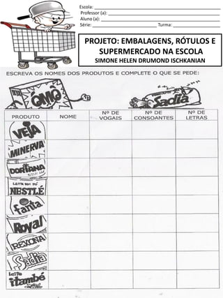 Escola: ___________________________________________________
Professor (a): _____________________________________________
Aluno (a): ________________________________________________
Série: __________________________ Turma: ___________________
PROJETO: EMBALAGENS, RÓTULOS E
SUPERMERCADO NA ESCOLA
SIMONE HELEN DRUMOND ISCHKANIAN
 