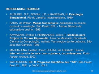 REFERENCIAL TEÓRICO: AUSUBEL, D.P.; NOVAK, J.D. e HANESIAN, H.  Psicologia Educacional.  Rio de Janeiro: Interamericana, 1980. FARIA, de Wilson.  Mapas Conceituais:  Aplicações ao ensino, currículo e avaliação. São Paulo: EPU - Temas Básicos de educação e ensino, 1995. KAWASAKI, Evelise I. FERNANDES, Clóvis T.  Modelos para Projeto de Cursos Hipermídia.  Tese de Mestrado, Divisão de Ciência da Computação, Instituto Tecnológico da Aeronáutica. São José dos Campos, 1996. MAGDALENA, Beatriz Corso; COSTA, Íris Elizabeth Tempel.  Internet na sala de aula: com a palavra, os professores.  Porto Alegre: Artmed, 2003.  WATTERSON, Bill.  O Progresso Científico deu “Tilt” . São Paulo: Best Ed., 1991. p. 52-53. Vol. I. 