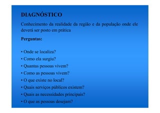 DIAGNÓSTICO
Conhecimento da realidade da região e da população onde ele
deverá ser posto em prática
Perguntas:

• Onde se localiza?
• Como ela surgiu?
• Quantas pessoas vivem?
• Como as pessoas vivem?
• O que existe no local?
• Quais serviços públicos existem?
• Quais as necessidades principais?
• O que as pessoas desejam?
 
