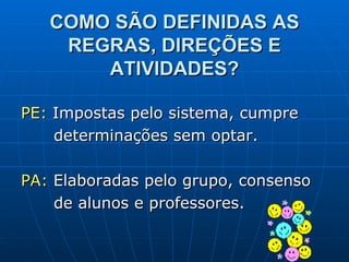 COMO SÃO DEFINIDAS AS REGRAS, DIREÇÕES E ATIVIDADES? PE:  Impostas pelo sistema, cumpre  determinações sem optar. PA:  Elaboradas pelo grupo, consenso de alunos e professores.  