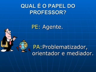 QUAL É O PAPEL DO PROFESSOR? PE:  Agente. PA: Problematizador, orientador e mediador. 