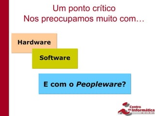 Um ponto crítico
 Nos preocupamos muito com…

Hardware

     Software



      E com o Peopleware?
 