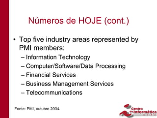 Números de HOJE (cont.)

• Top five industry areas represented by
  PMI members:
   – Information Technology
   – Computer/Software/Data Processing
   – Financial Services
   – Business Management Services
   – Telecommunications

Fonte: PMI, outubro 2004.
 