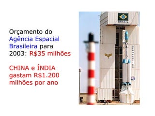 Orçamento do
Agência Espacial
Brasileira para
2003: R$35 milhões

CHINA e ÍNDIA
gastam R$1.200
milhões por ano
 