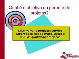 Qual é o objetivo do gerente de
           projetos?


    Desenvolver o produto/serviço
   esperado dentro do prazo, custo e
      nível de qualidade desejados
 