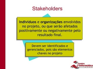 Stakeholders

 Indivíduos e organizações envolvidos
Indivíduos e organizações envolvidos
   no projeto, ou que serão afetados
   no projeto, ou que serão afetados
 positivamente ou negativamente pelo
positivamente ou negativamente pelo
             resultado final.
            resultado final.

       Devem ser identificados e
       Devem ser identificados e
    gerenciados, pois são elementos
    gerenciados, pois são elementos
            chaves no projeto
           chaves no projeto
 