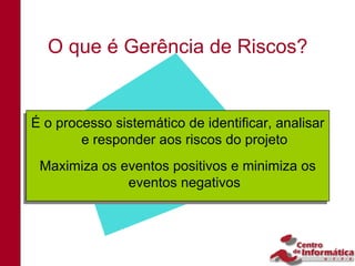 O que é Gerência de Riscos?


É o processo sistemático de identificar, analisar
É o processo sistemático de identificar, analisar
        e responder aos riscos do projeto
        e responder aos riscos do projeto
 Maximiza os eventos positivos e minimiza os
 Maximiza os eventos positivos e minimiza os
              eventos negativos
              eventos negativos
 