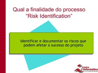 Qual a finalidade do processo
     “Risk Identification”



   Identificar e documentar os riscos que
  Identificar e documentar os riscos que
     podem afetar o sucesso do projeto
     podem afetar o sucesso do projeto
 