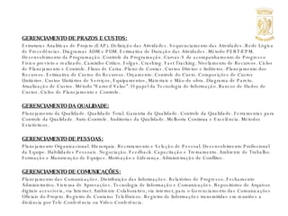 GERENCIAMENTO DE PRAZOS E CUSTOS: Estruturas Analíticas de Projeto (EAP). Definição das Atividades. Sequenciamento das Atividades. Rede Lógica de Precedências. Diagramas ADM e PDM. Estimativa de Duração das Atividades. Método PERT/CPM. Desenvolvimento da Programação. Controle da Programação. Curvas-S de acompanhamento de Progresso Físico previsto e realizado. Caminho Crítico. Folgas. Crashing. Fast Tracking. Nivelamento de Recursos. Ciclos de Planejamento e Controle. Fluxo de Caixa. Plano de Contas. Custos Diretos e Indiretos. Planejamento dos Recursos. Estimativa de Custos do Recursos. Orçamento. Controle do Custo. Composições de Custos Unitários. Custos Unitários de Serviços, Equipamentos, Materiais e Mão-de-obra. Diagrama de Pareto. Atualização de Custos. Método “Earned Value”. O papel da Tecnologia de Informação. Bancos de Dados de Custos. Ciclos de Planejamento e Controle. GERENCIAMENTO DA QUALIDADE: Planejamento da Qualidade. Qualidade Total. Garantia da Qualidade. Controle da Qualidade. Ferramentas para Controle da Qualidade. Auto-Controle. Auditorias da Qualidade. Melhoria Continua e Excelência. Métodos Estatísticos. GERENCIAMENTO DE PESSOAS: Planejamento Organizacional. Hierarquia. Recrutamento e Seleção de Pessoal. Desenvolvimento Profissional da Equipe. Habilidades Pessoais. Negociação. Feedback. Capacitação e Treinamento. Ambiente de Trabalho. Formação e Manutenção de Equipes. Motivação e Liderança. Administração de Conflitos. GERENCIAMENTO DE COMUNICAÇÕES: Planejamento das Comunicações. Distribuição das Informações. Relatórios de Progresso. Fechamento Administrativo. Sistema de Aprovações. Tecnologia de Informação e Comunicações. Repositórios de Arquivos digitais acessíveis, via Internet. Ambiente Colaborativo, via internet, para o Gerenciamento das Comunicações Oficiais do Projeto. Registro de Contatos Telefônicos. Registro de Informações transmitidas em reuniões a distância por Tele-Conferência ou Video-Conferência. 